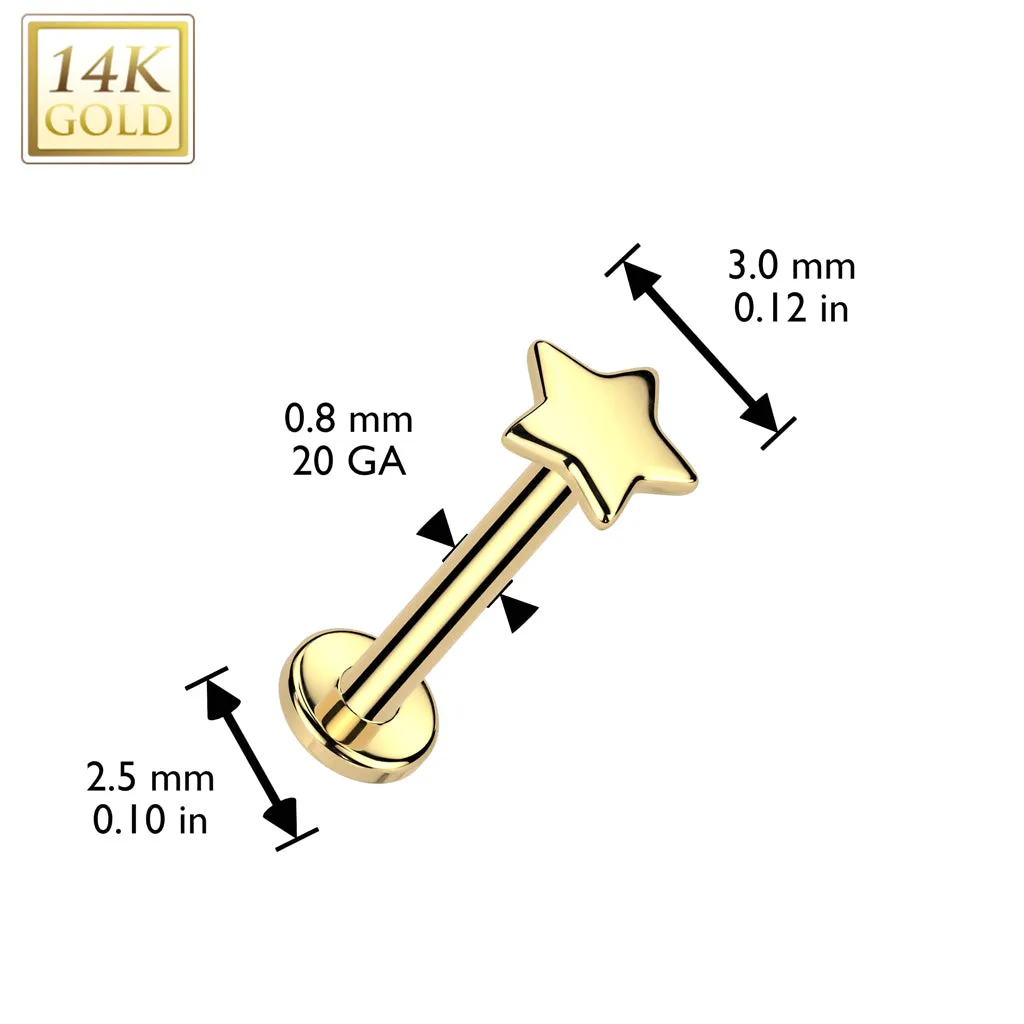 14K Solid Gold Threadless Push In Nose Stud With Star Top