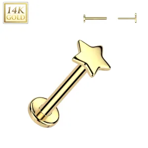 14K Solid Gold Threadless Push In Nose Stud With Star Top