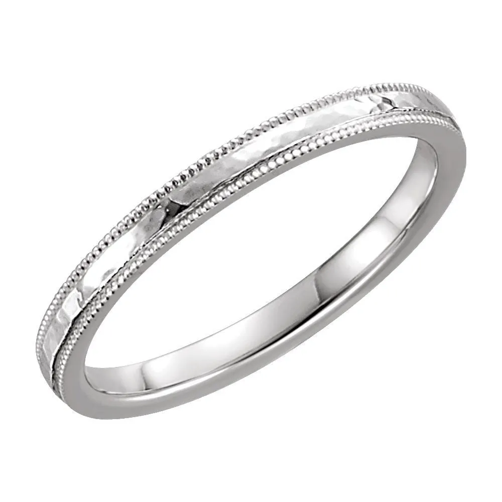 14k White Gold 2mm Flat Comfort Fit Milgrain Hammer Finish Band Size 7