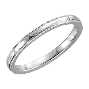 14k White Gold 2mm Flat Comfort Fit Milgrain Hammer Finish Band Size 7
