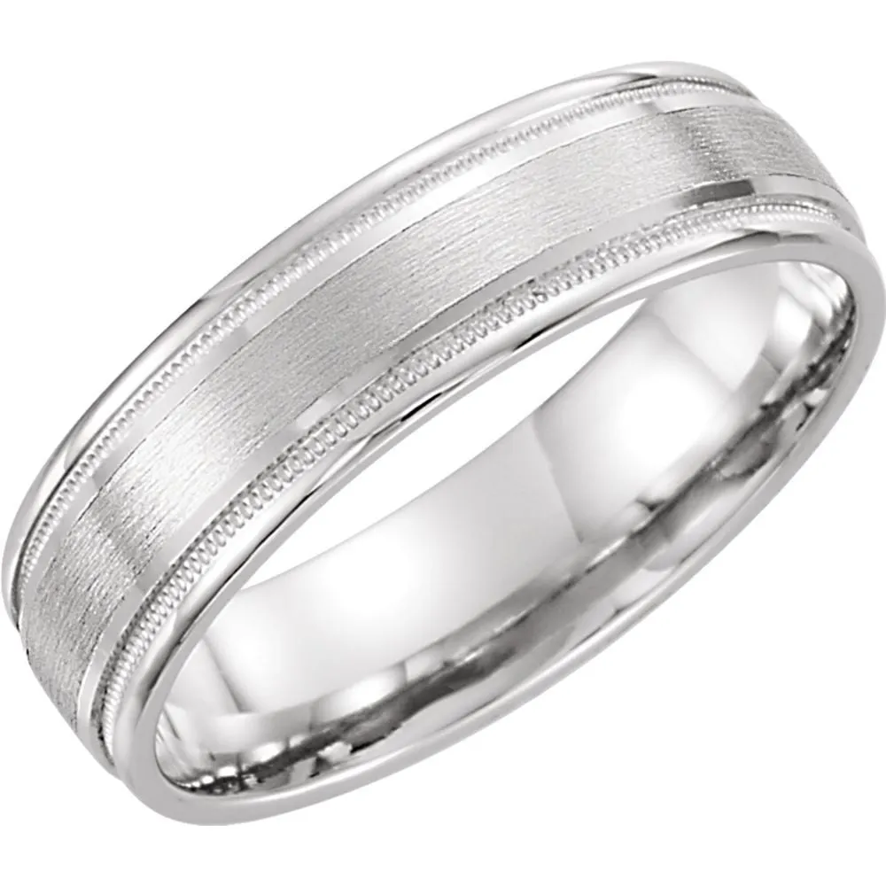 14k White Gold 6mm Flat Edge Comfort Fit Milgrain Satin Finish Band Size 11