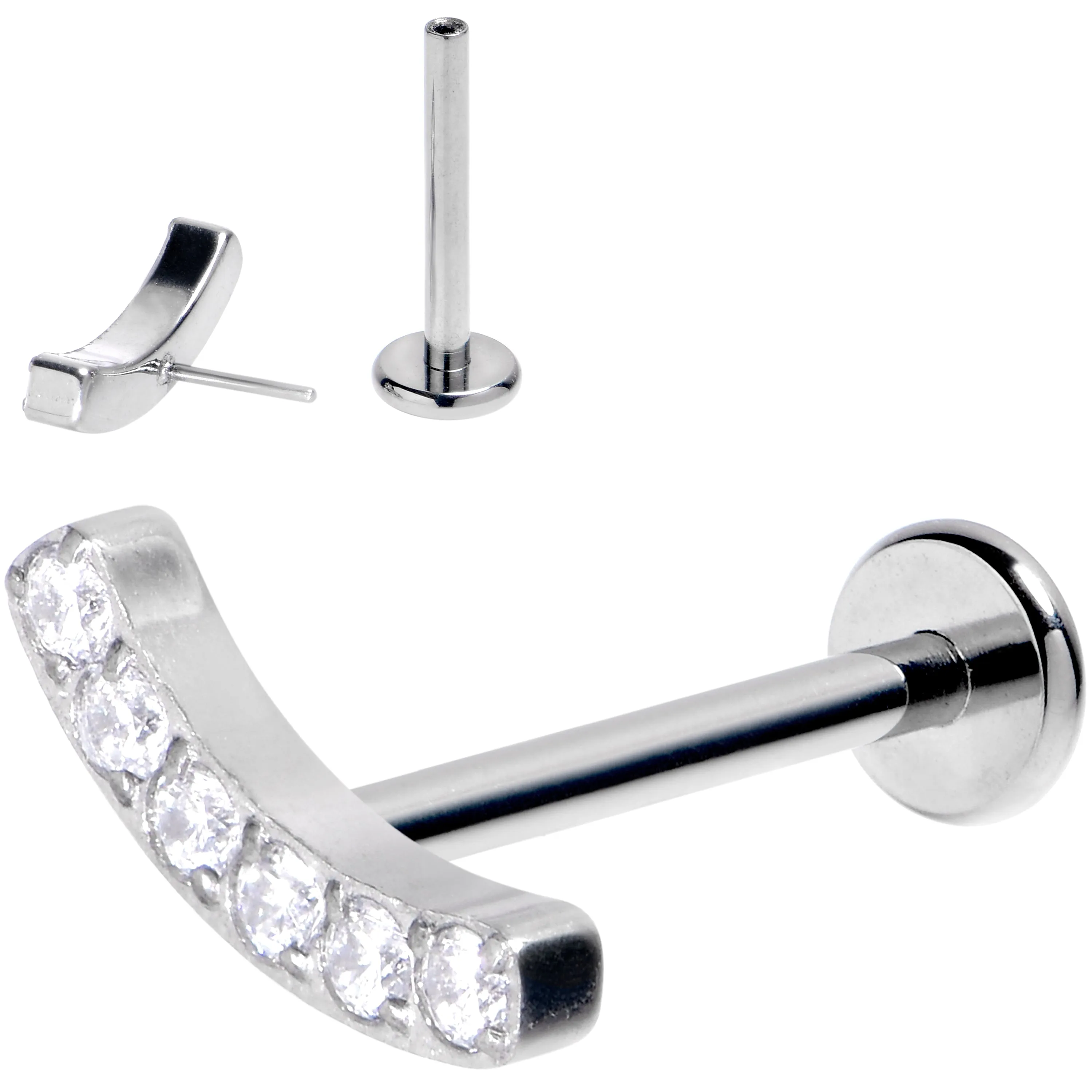 16 Gauge 3/8 Clear Gem Arc Grade 23 Titanium Threadless Push In Labret Tragus