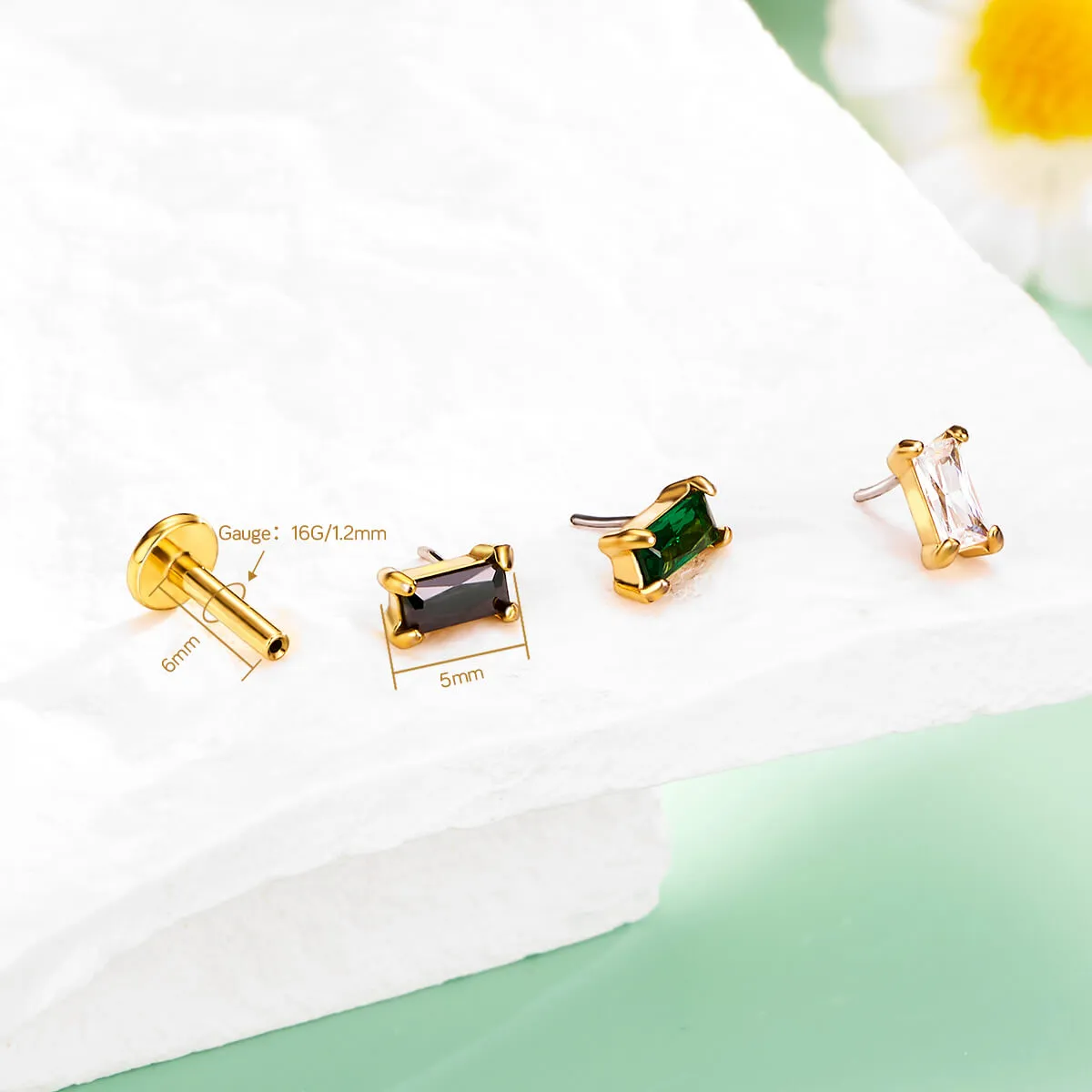 16G Rectangle Threadless Push Pin Flat Back CZ Cartilage Mantis Piercing Stud Earring