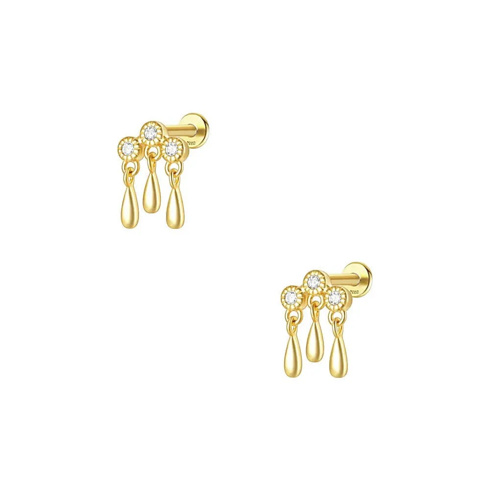 925 Silver Three Water Drop Pendant Flat Back Earrings