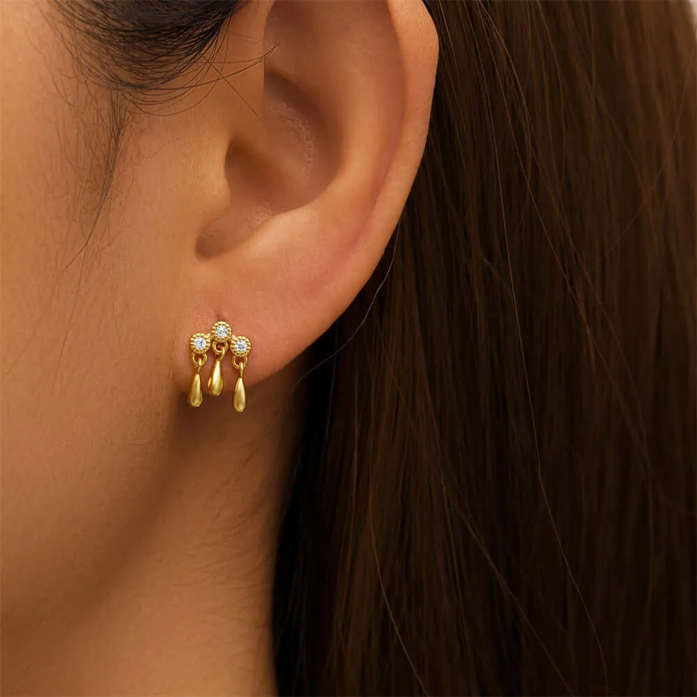 925 Silver Three Water Drop Pendant Flat Back Earrings