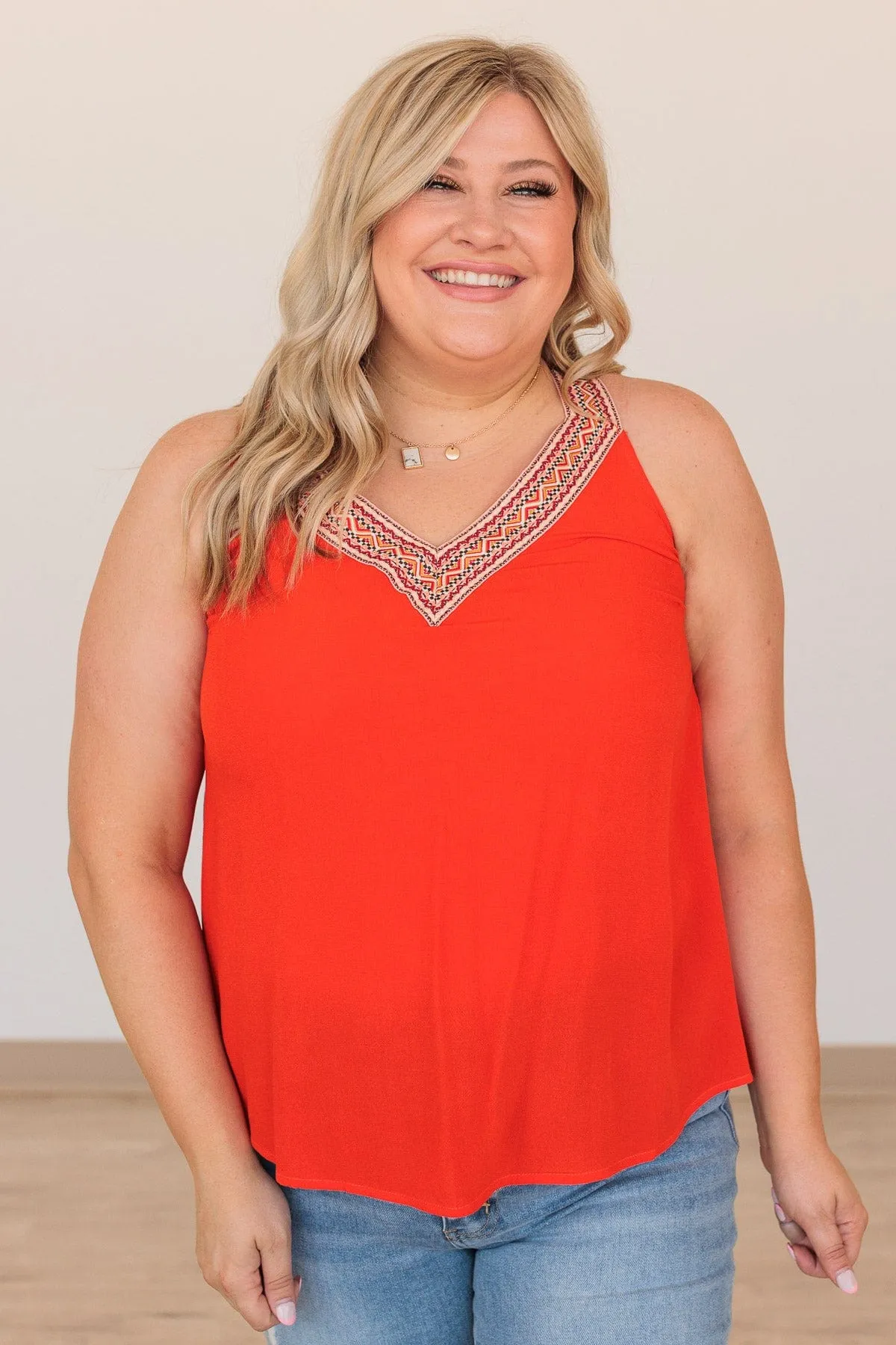All Fired Up V-Neck Tank- Tomato