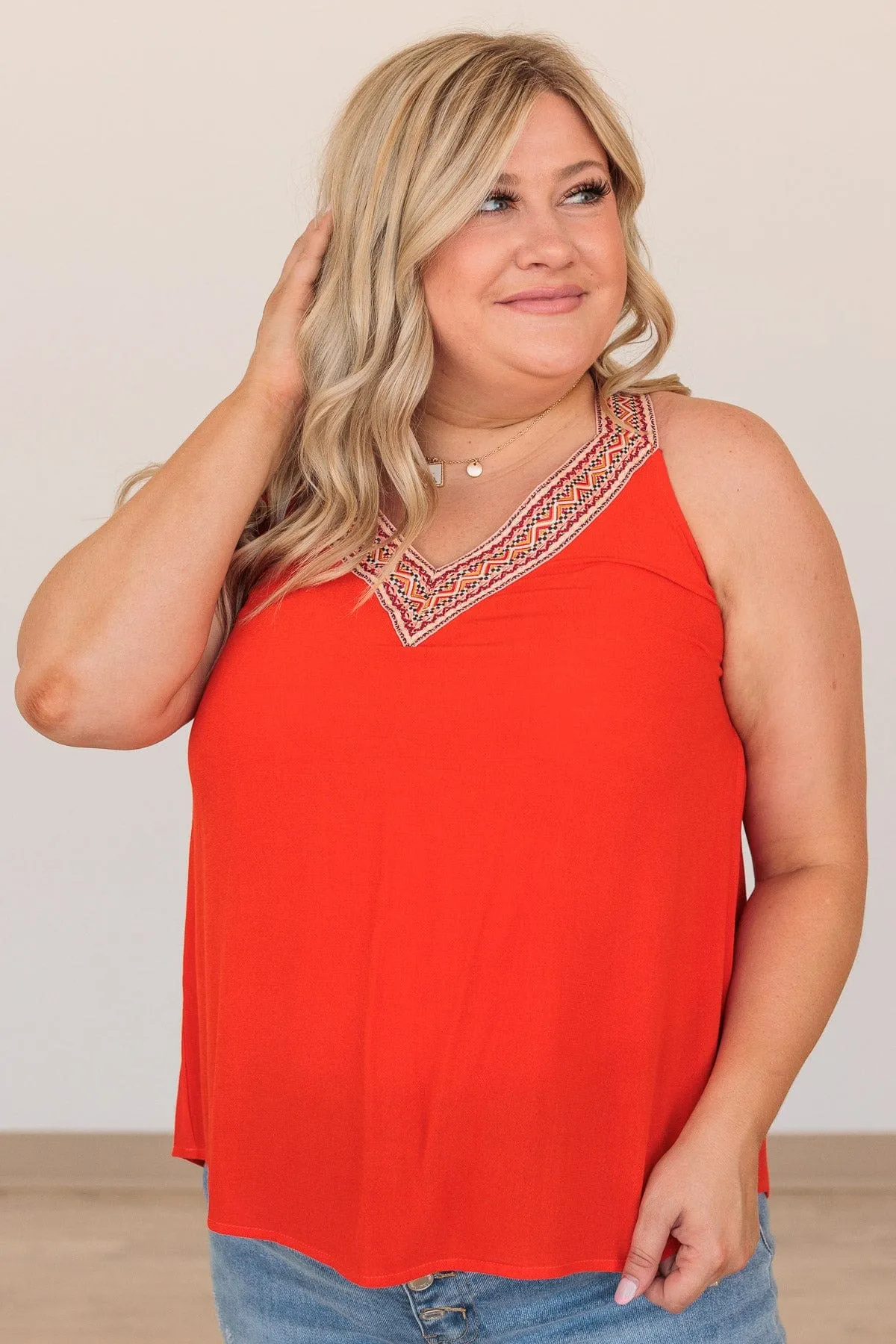 All Fired Up V-Neck Tank- Tomato