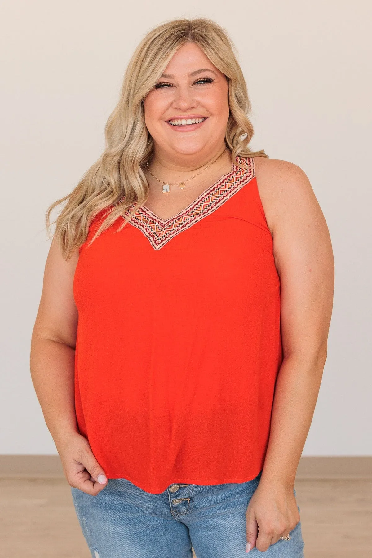 All Fired Up V-Neck Tank- Tomato