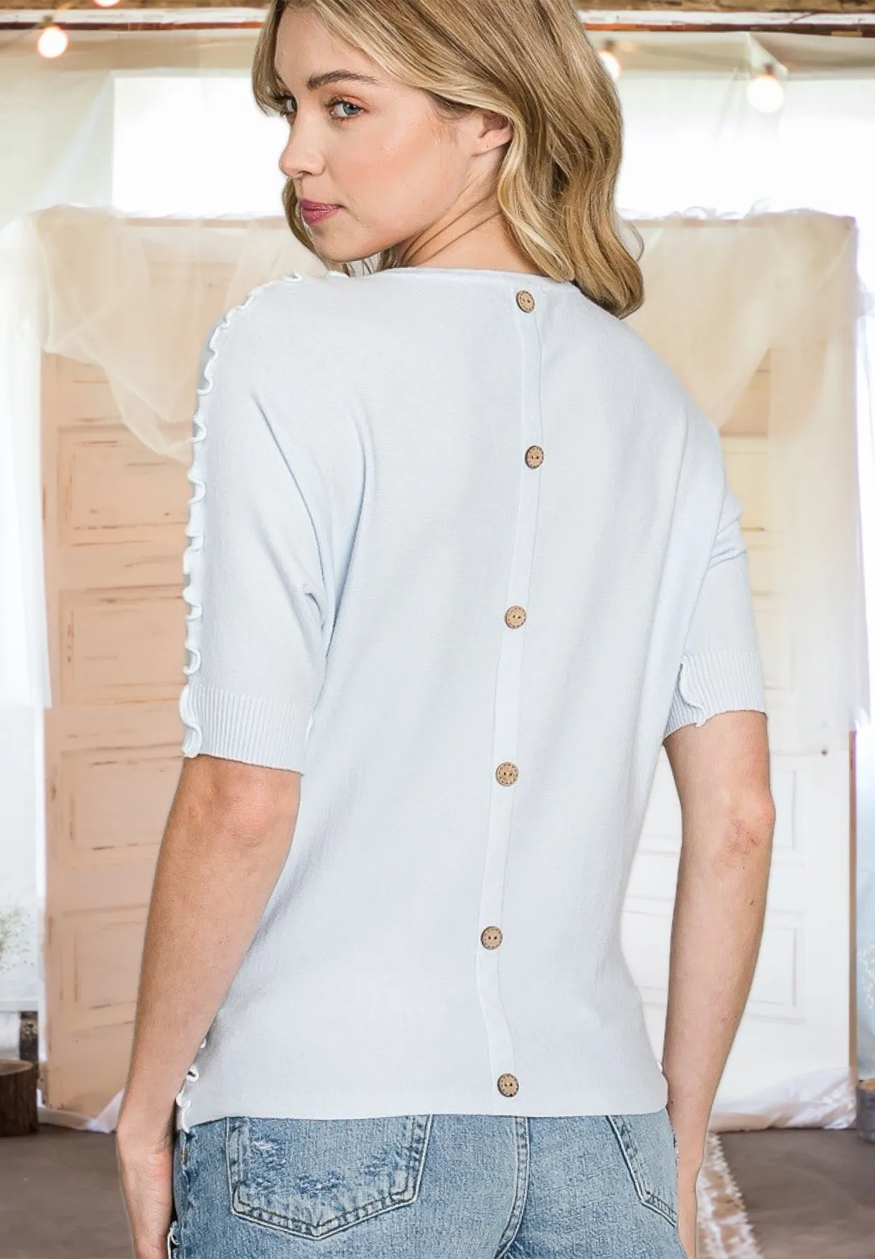 All Things Lovely Ruffled Button Back Sweater in Powder Blue - Curvy