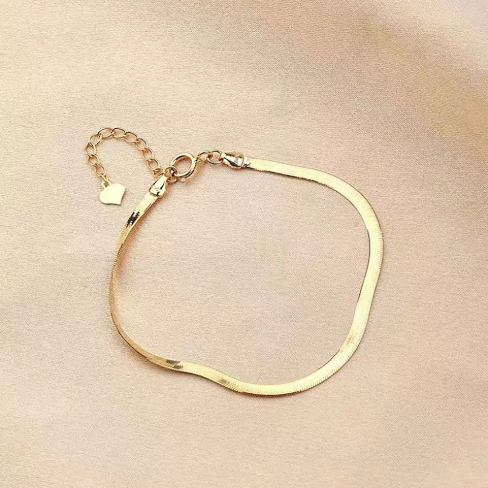 Authentic 18K Solid Gold Flat Snake Chain Bracelet Heart Elegant Beautiful Jewelry 7.1"