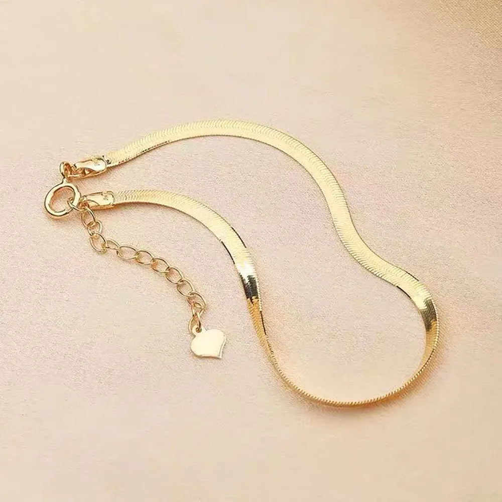 Authentic 18K Solid Gold Flat Snake Chain Bracelet Heart Elegant Beautiful Jewelry 7.1"