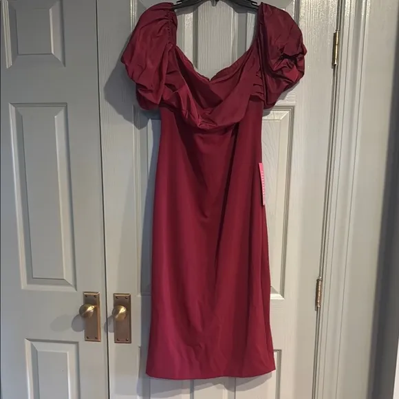 Badgley Mischka Red Cowl Neck Puff Sleeve Mini Dress