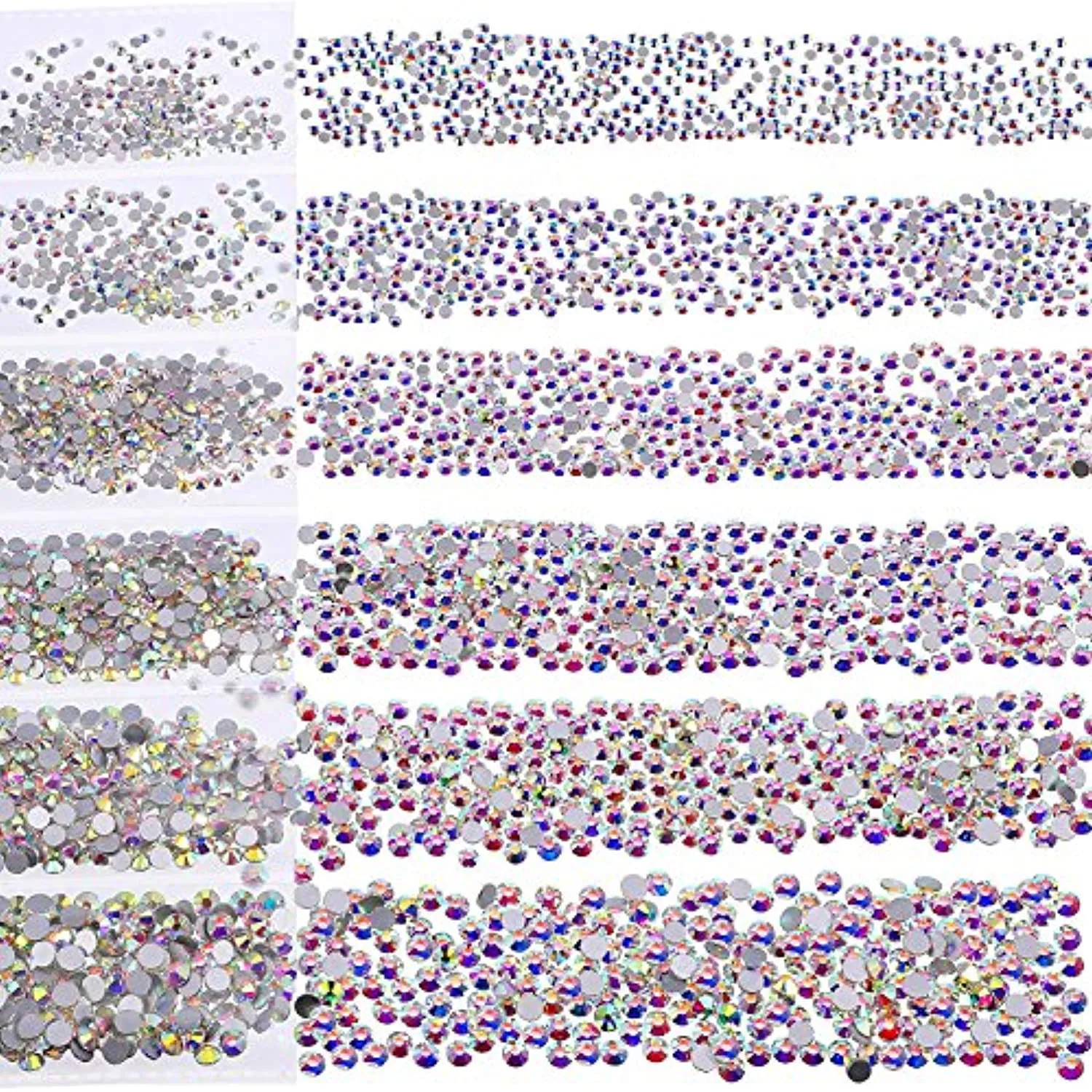 Bememo 3456 Pieces Nail Crystals AB Nail Art Rhinestones Round Beads Flatback Glass Charms Gems Stones, 6 Sizes for Nails Decoration Makeup Clothes Shoes (Iridescent)