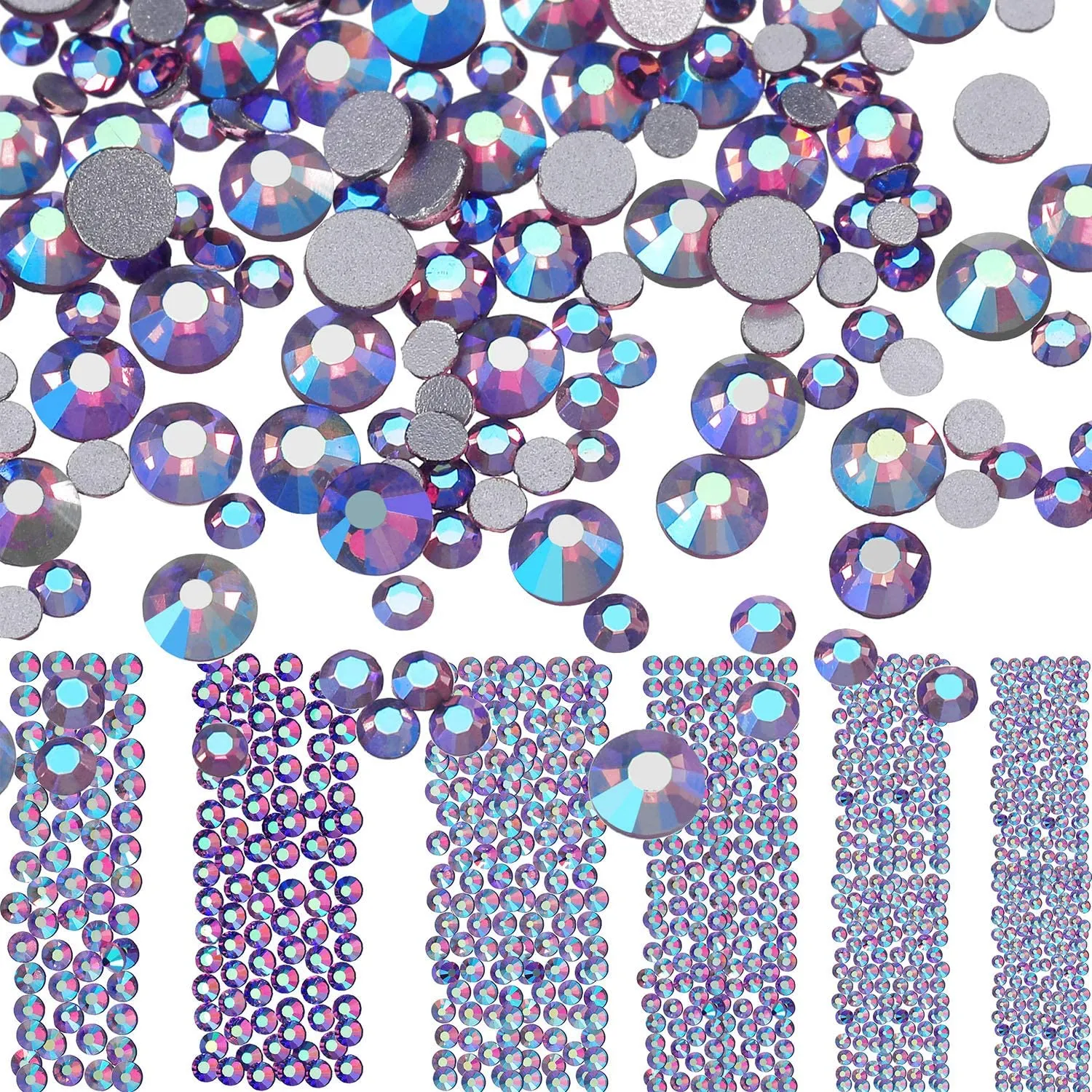 Bememo 3456 Pieces Nail Crystals AB Nail Art Rhinestones Round Beads Flatback Glass Charms Gems Stones, 6 Sizes for Nails Decoration Makeup Clothes Shoes (Iridescent)
