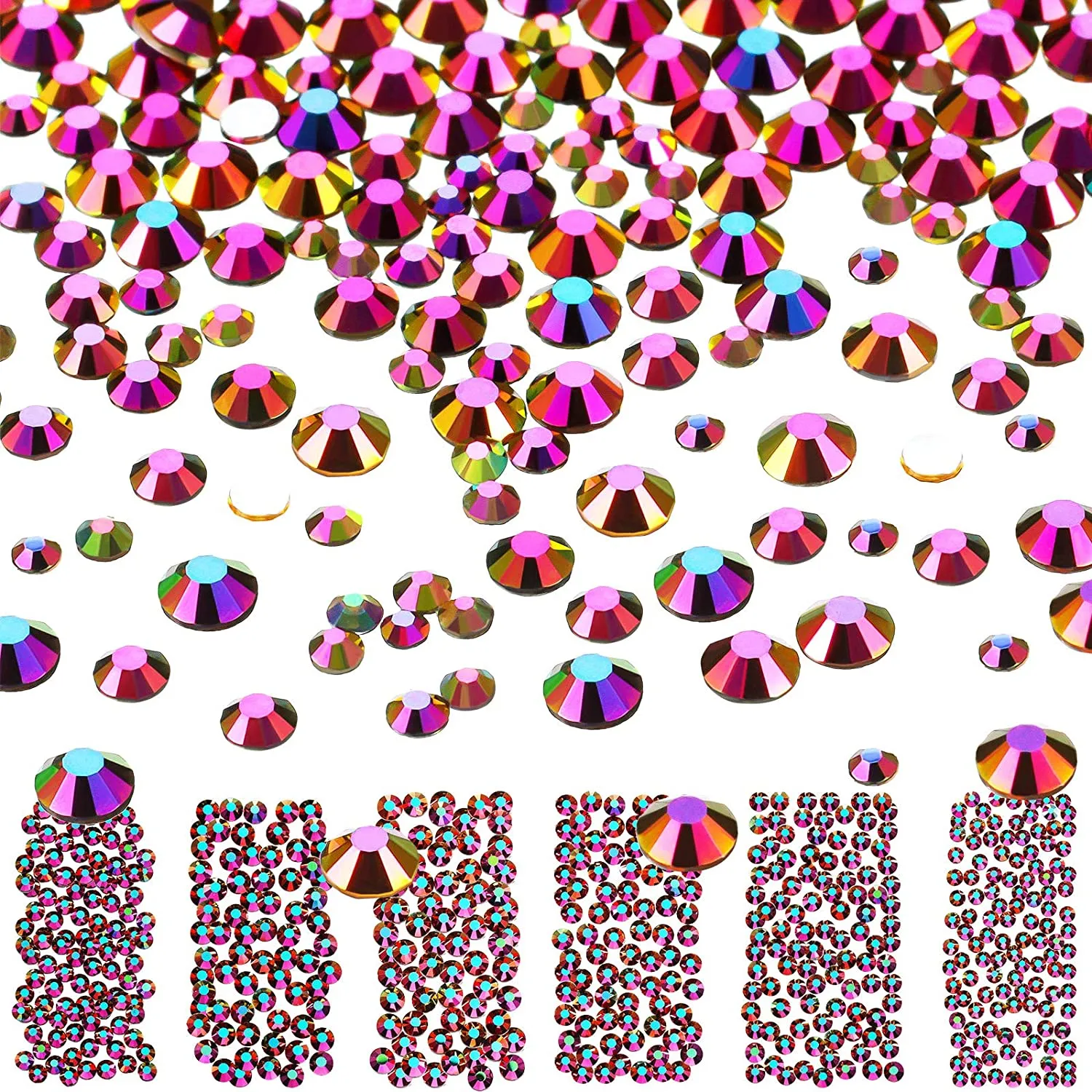 Bememo 3456 Pieces Nail Crystals AB Nail Art Rhinestones Round Beads Flatback Glass Charms Gems Stones, 6 Sizes for Nails Decoration Makeup Clothes Shoes (Iridescent)