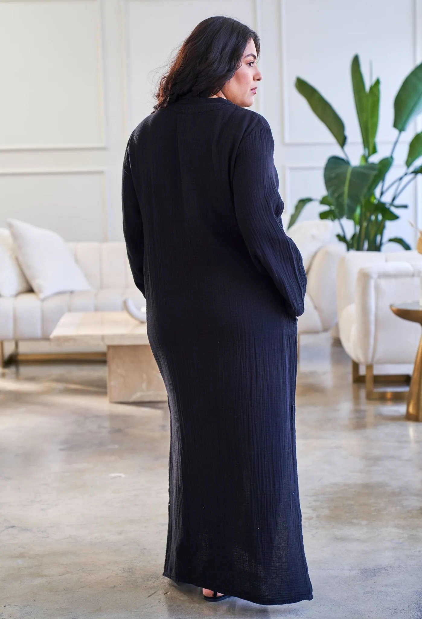 Black Mandarin Collar Gauze Caftan - Sale