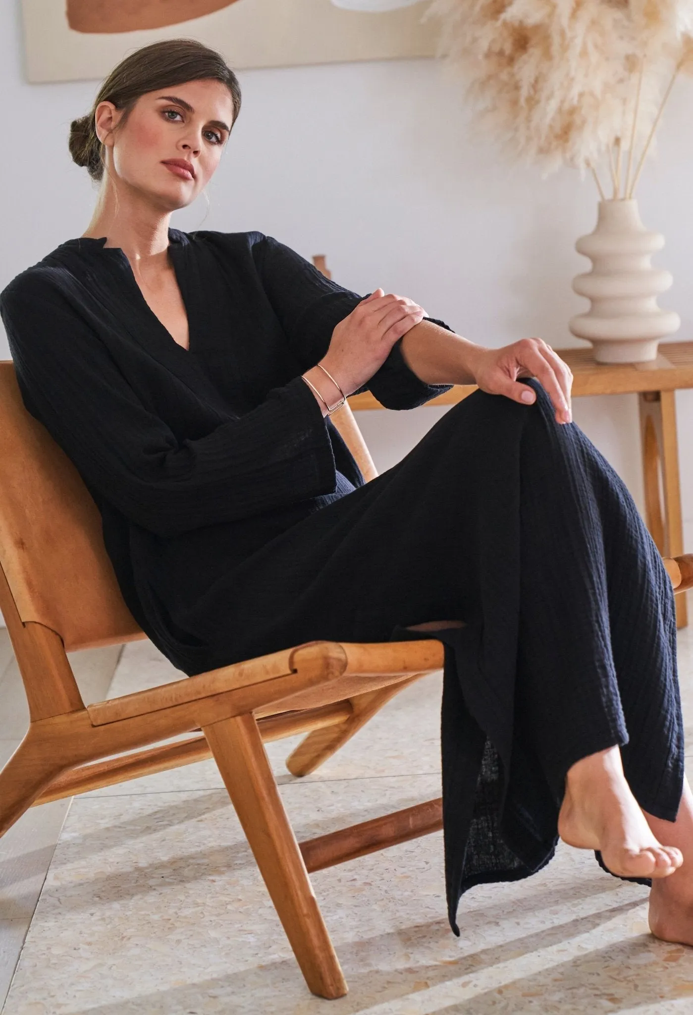 Black Mandarin Collar Gauze Caftan - Sale