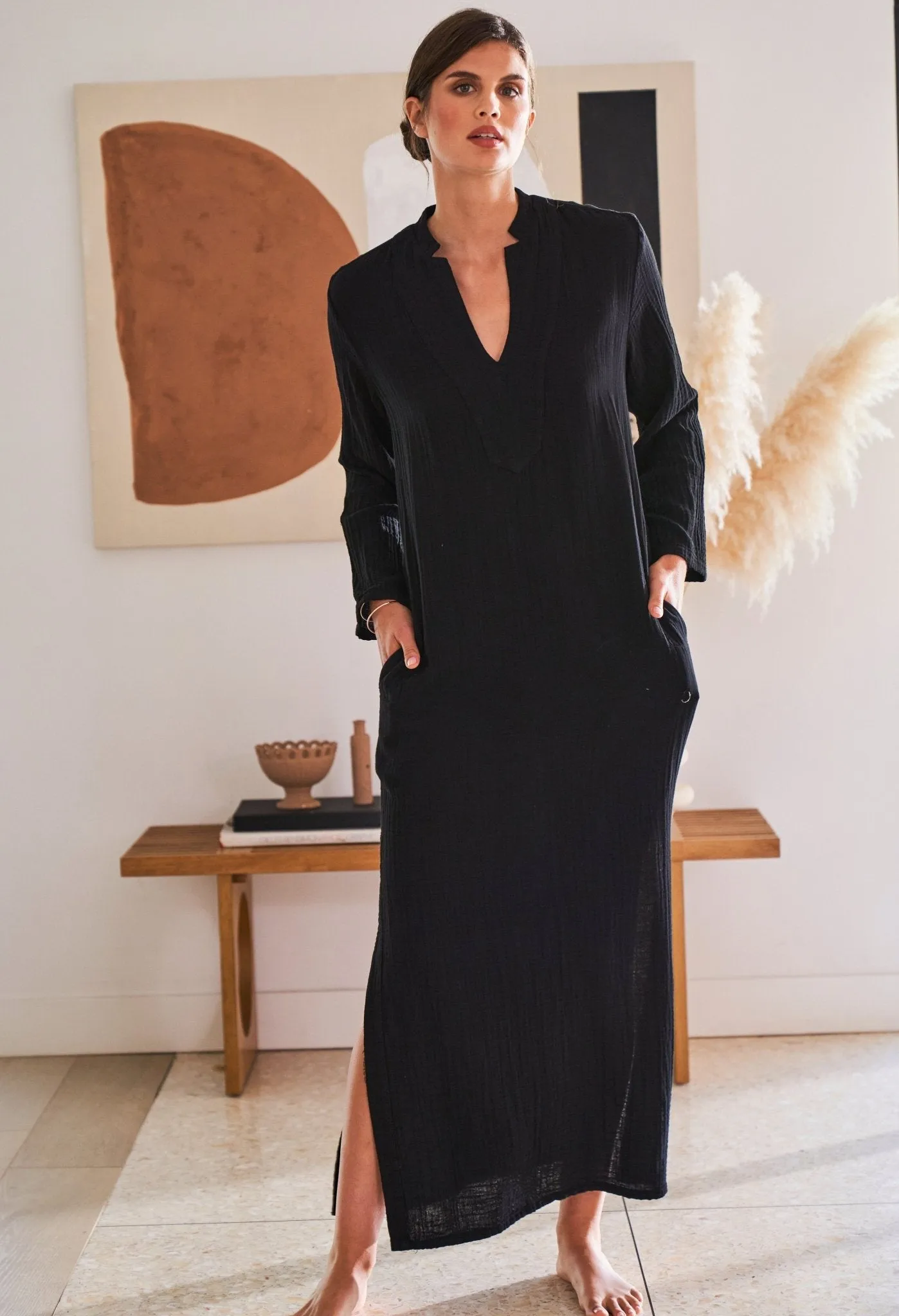 Black Mandarin Collar Gauze Caftan - Sale