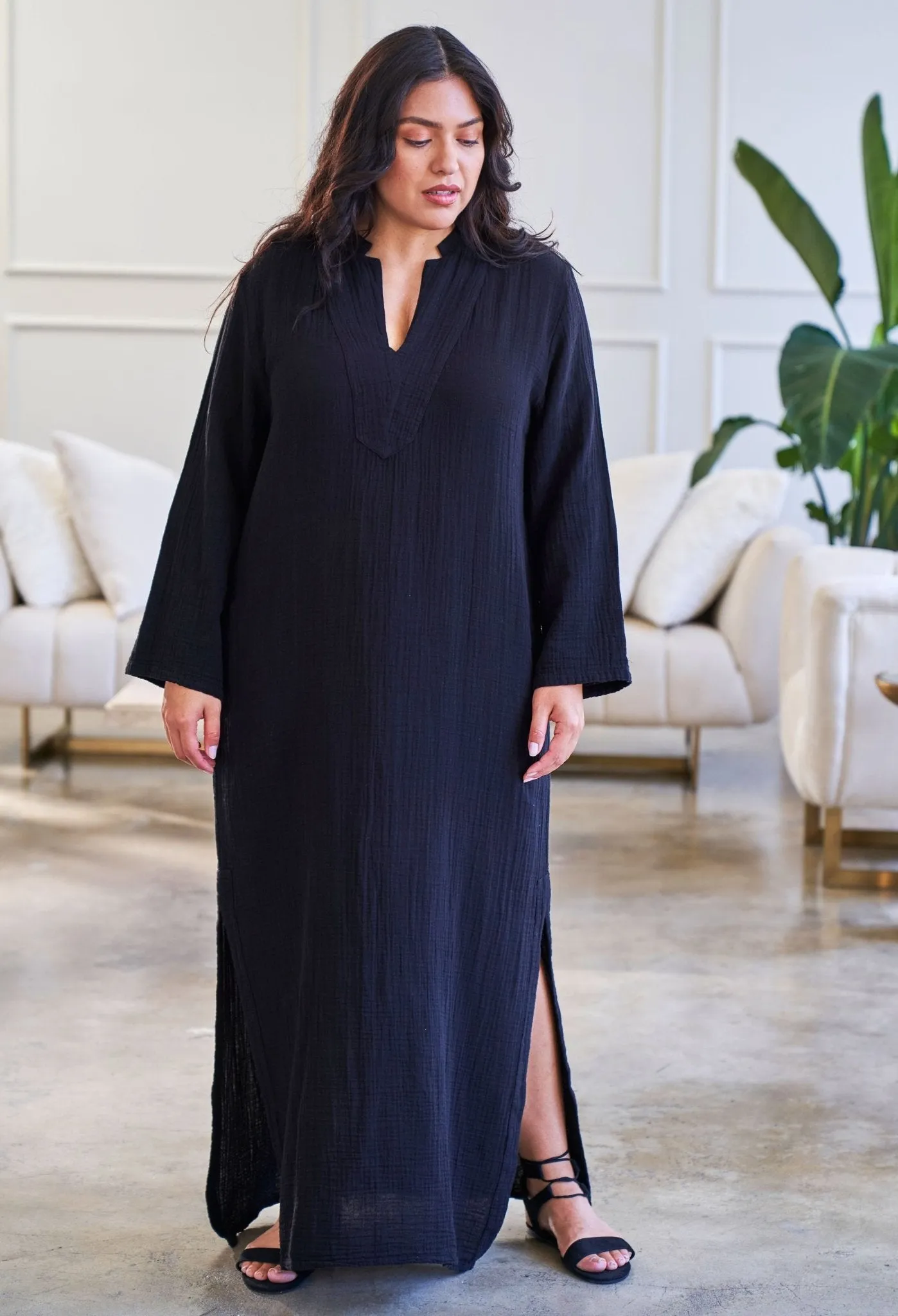 Black Mandarin Collar Gauze Caftan - Sale