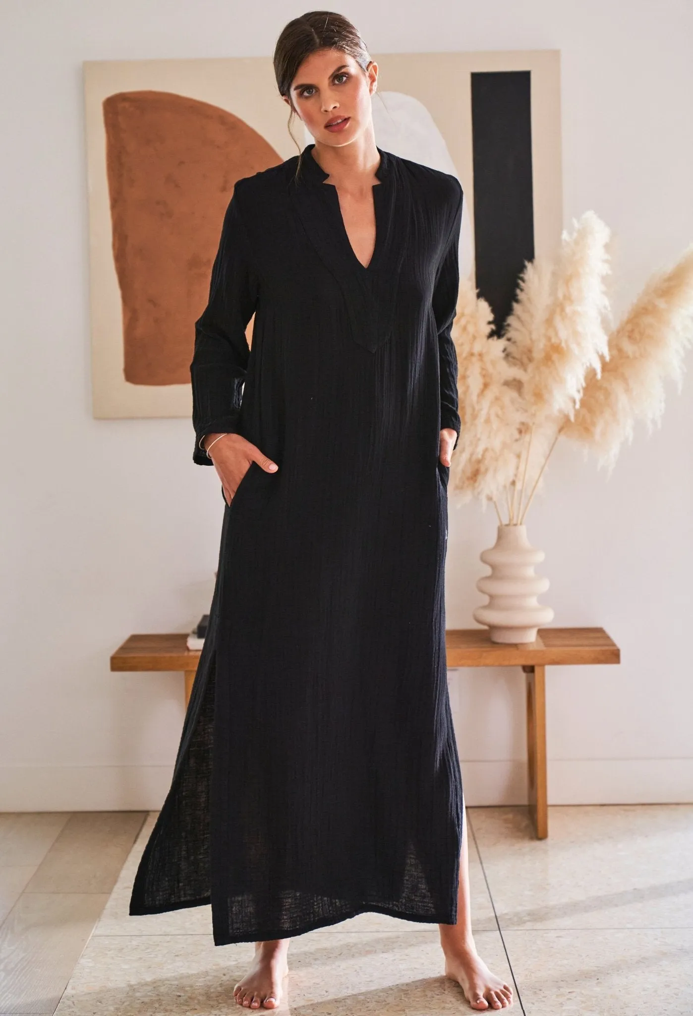 Black Mandarin Collar Gauze Caftan - Sale