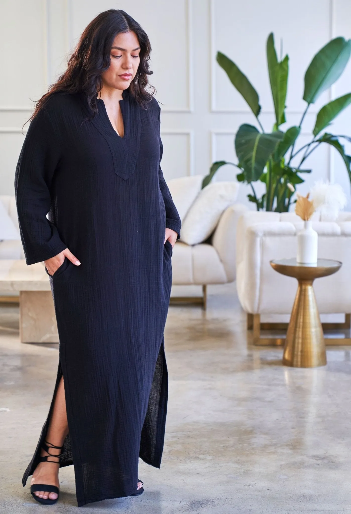 Black Mandarin Collar Gauze Caftan - Sale