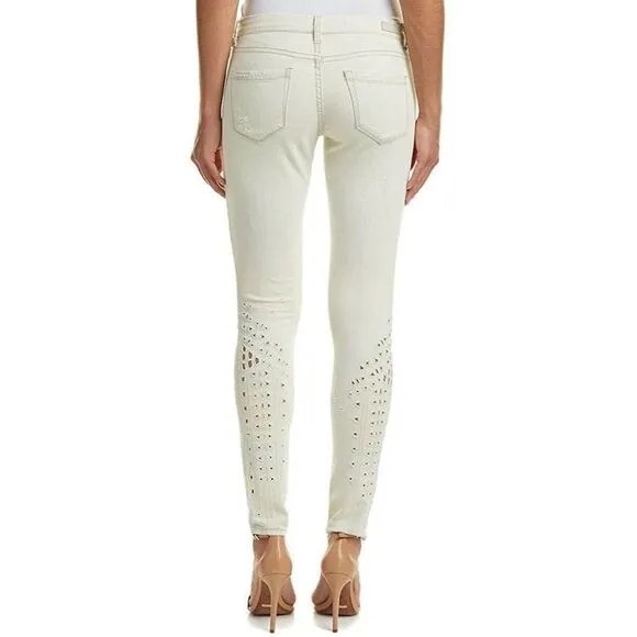 Blank NYC Women's Skinny Jeans Size 26 Beige Acid Wash Eyelet Accents
