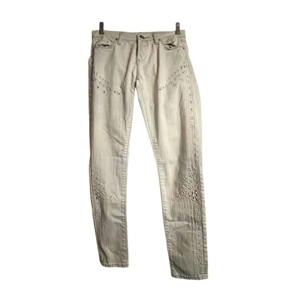 Blank NYC Women's Skinny Jeans Size 26 Beige Acid Wash Eyelet Accents