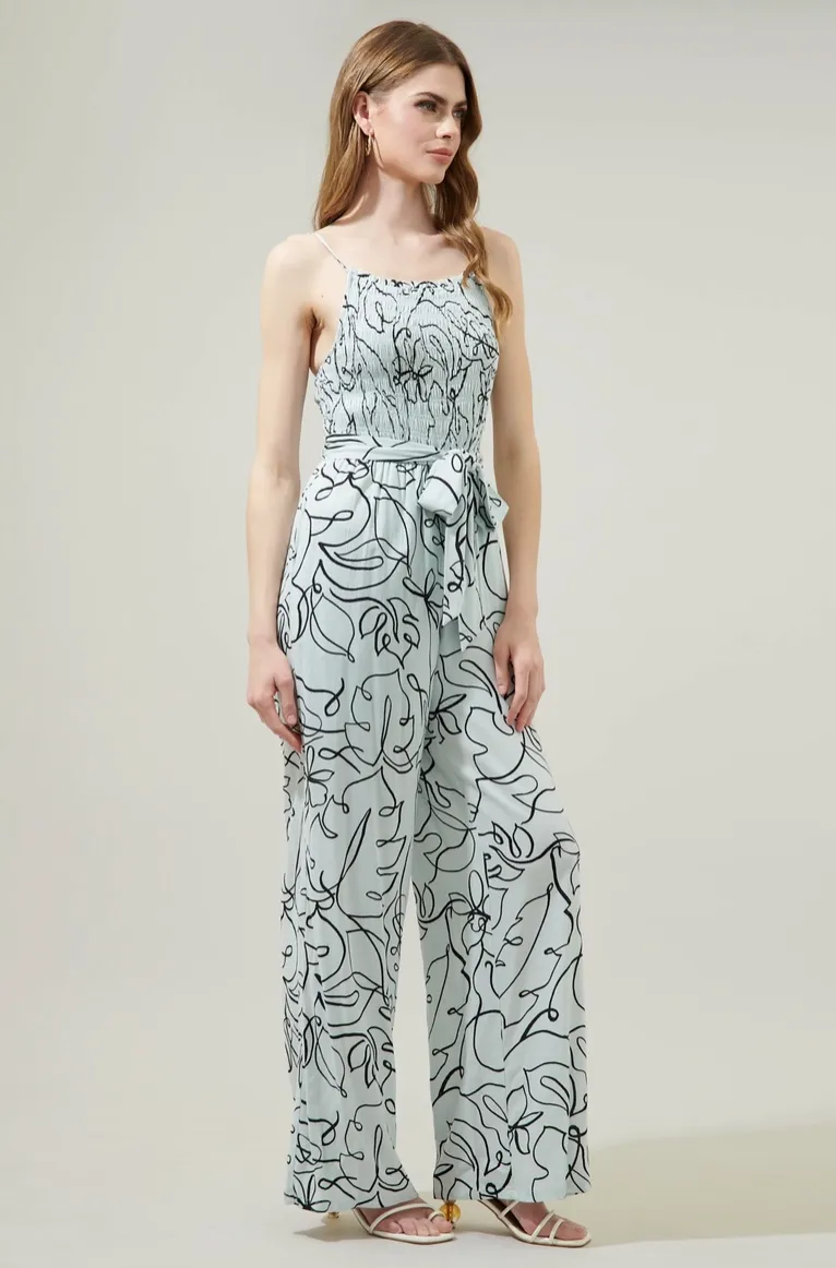 Blue & Black Leaf Print Jumpsuit