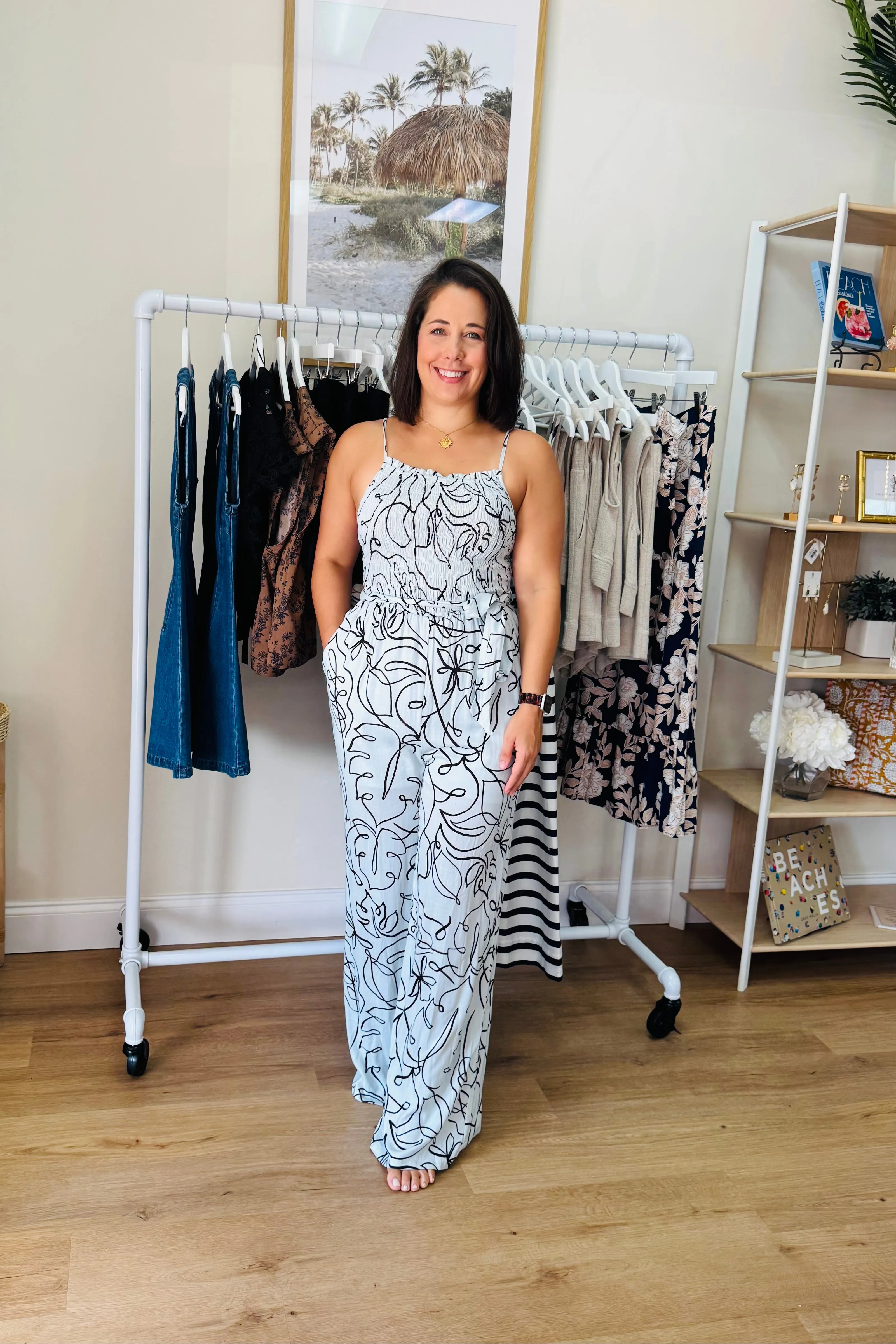 Blue & Black Leaf Print Jumpsuit