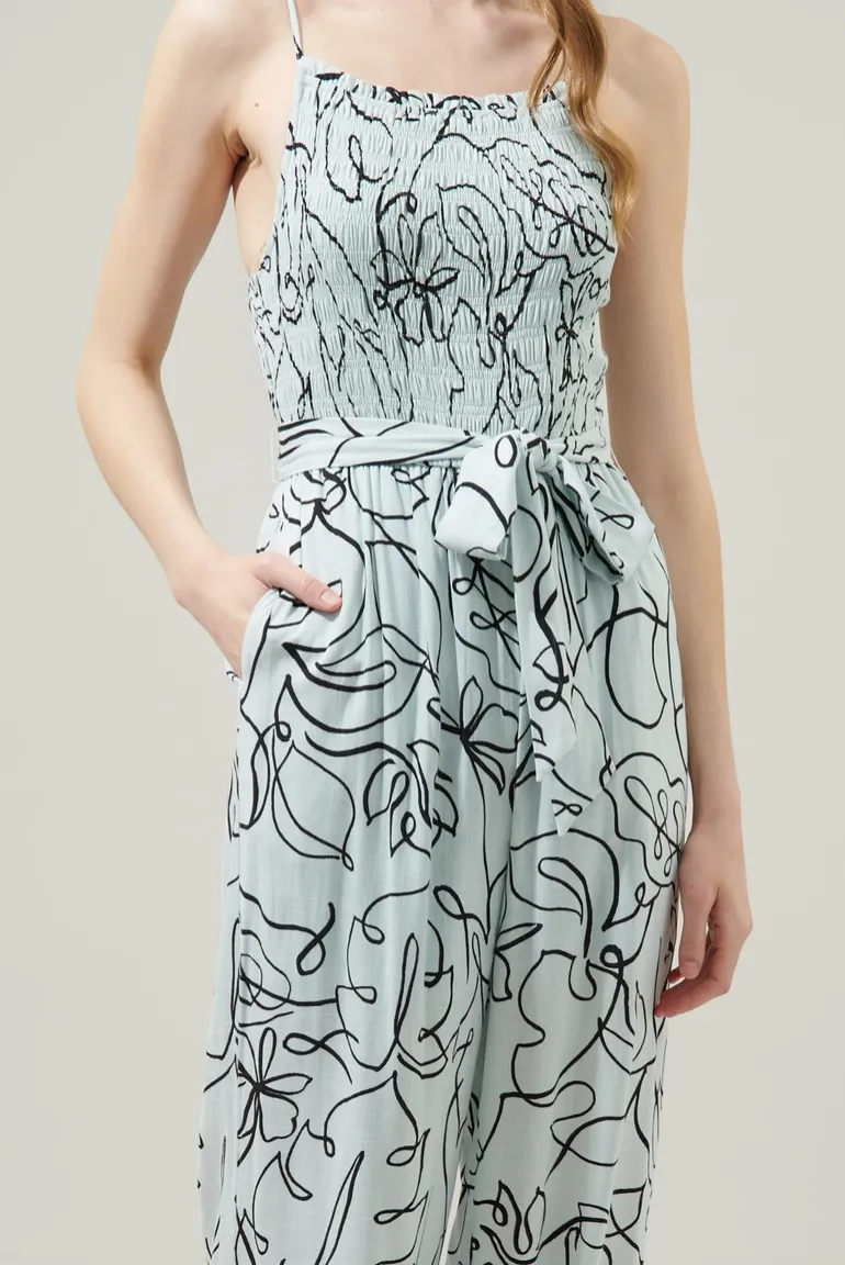 Blue & Black Leaf Print Jumpsuit