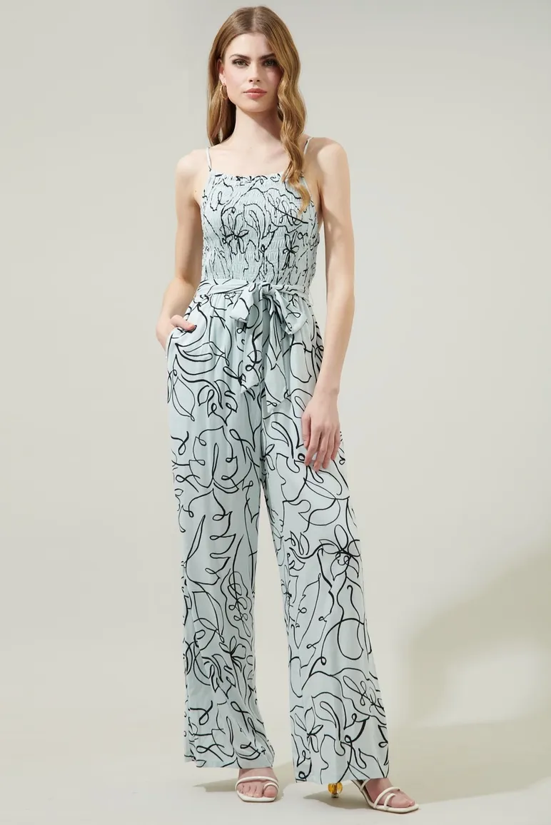 Blue & Black Leaf Print Jumpsuit