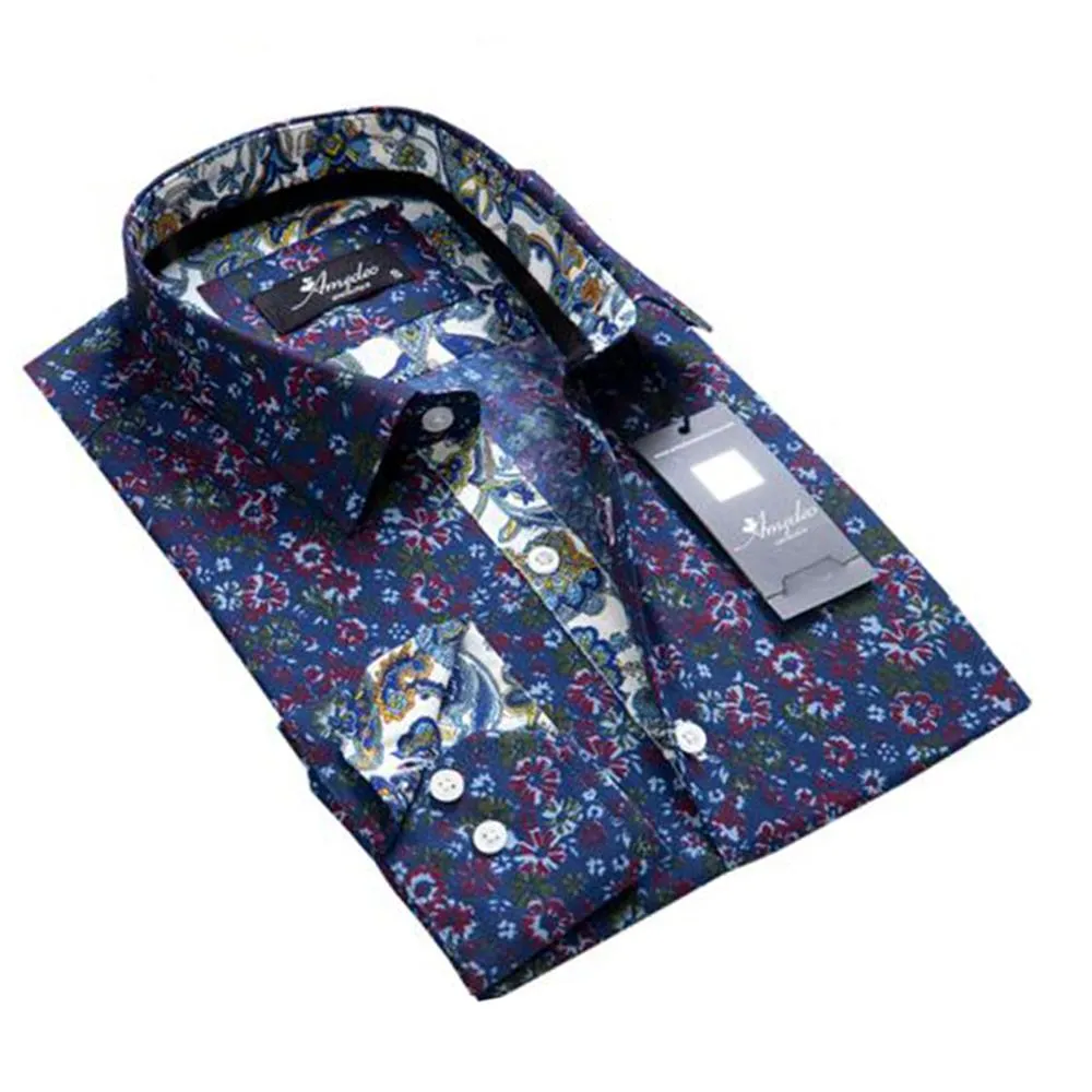 Blue Floral Mens Slim Fit Designer French Cuff Shirt - tailored Cotton Shirts for Work and Casual Wear