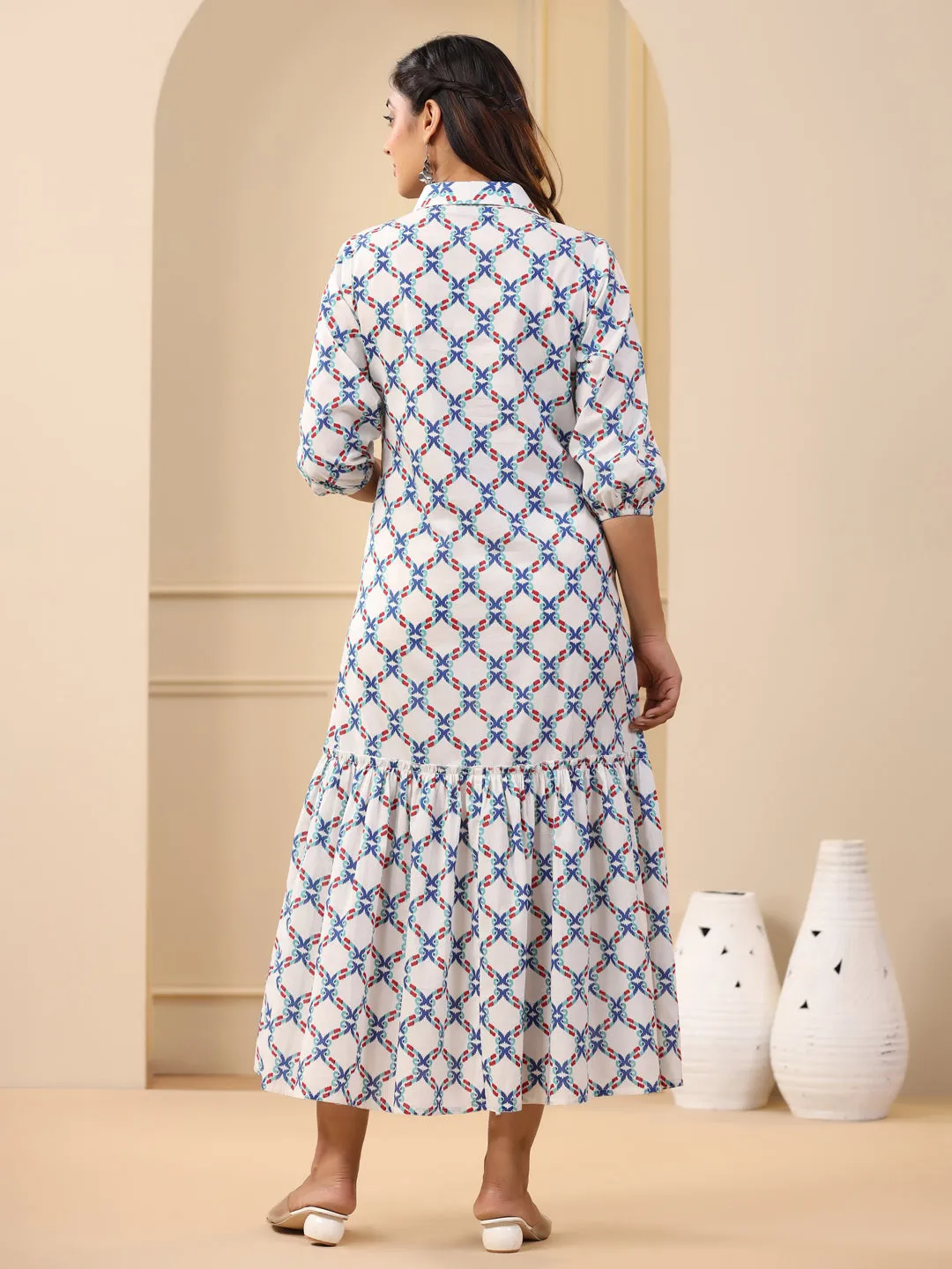 Blue Ikat Printed Tiered Cotton Dress