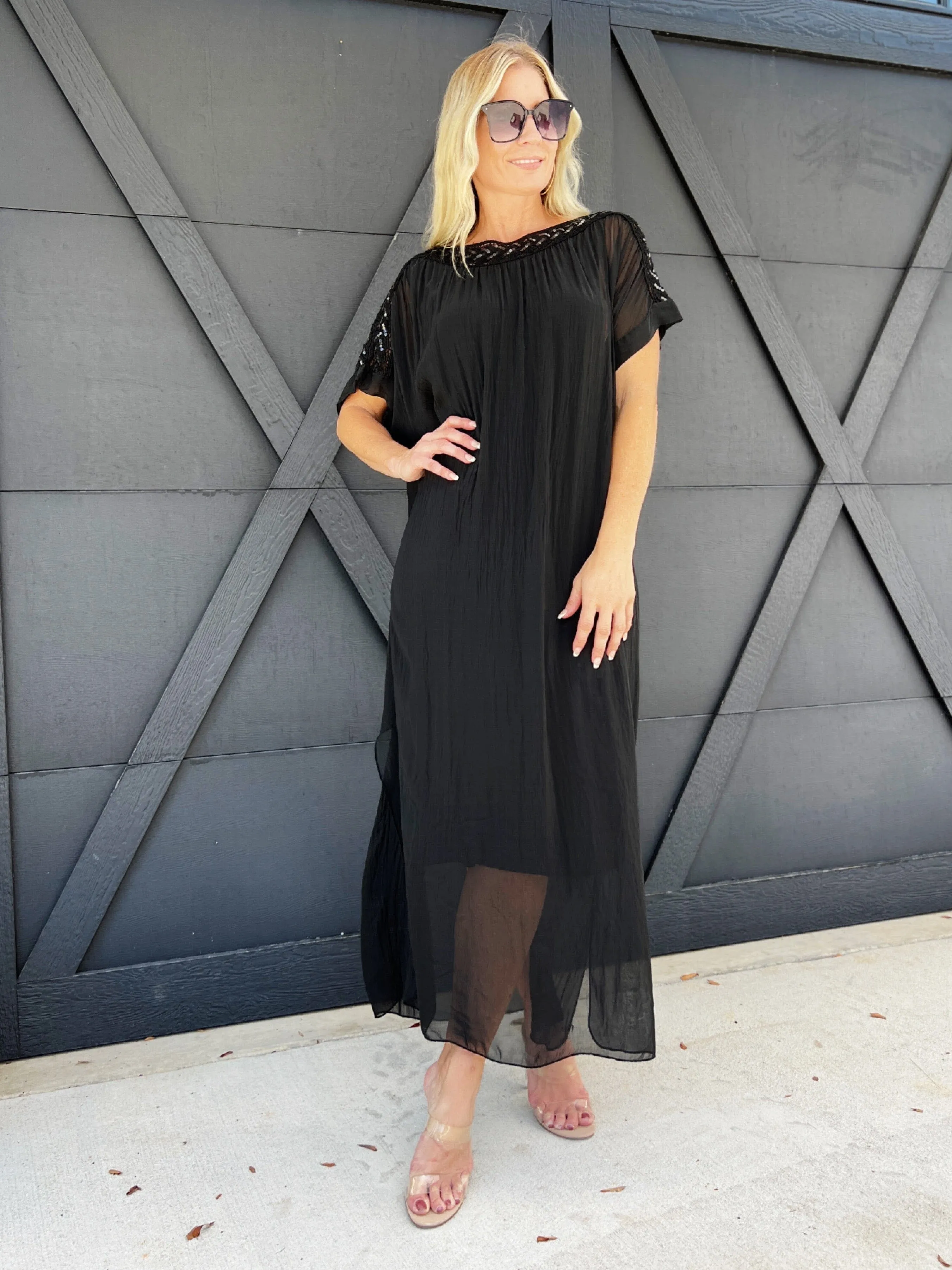 Boatneck Sheer Tunic-Black