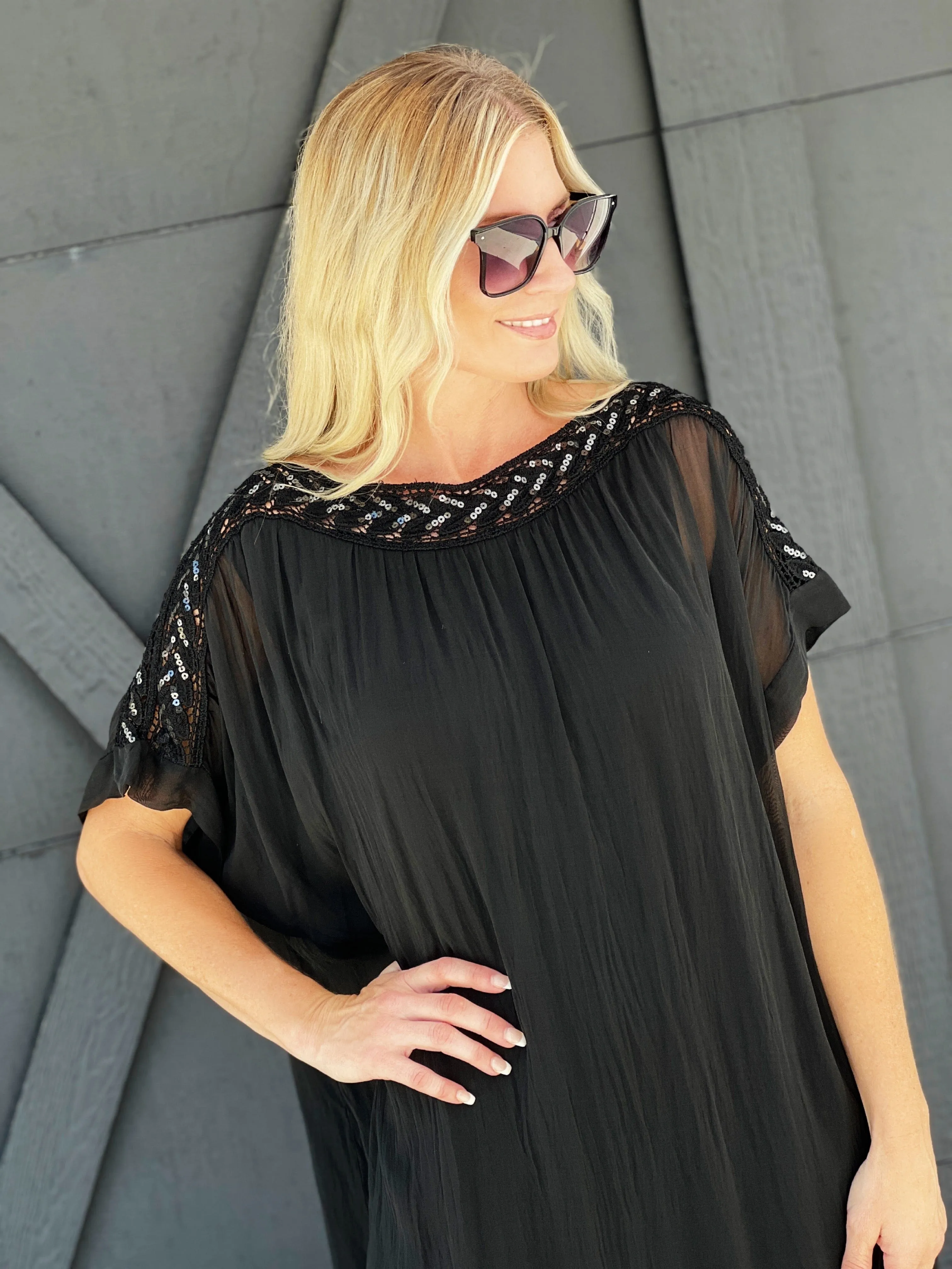 Boatneck Sheer Tunic-Black