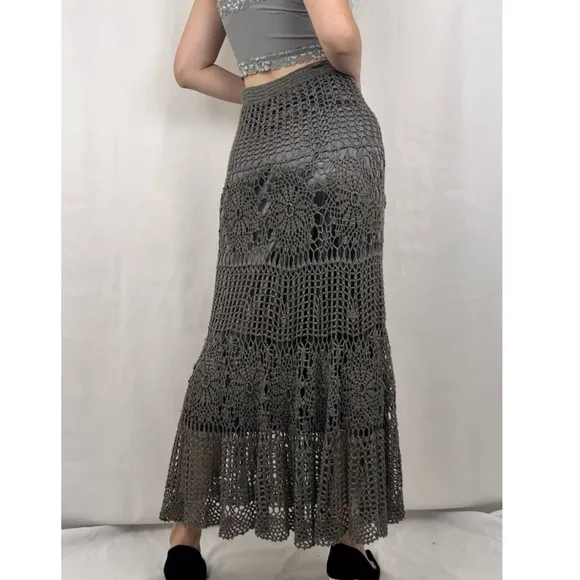 Boston Proper Grey Crochet Bohemian Maxi Skirt