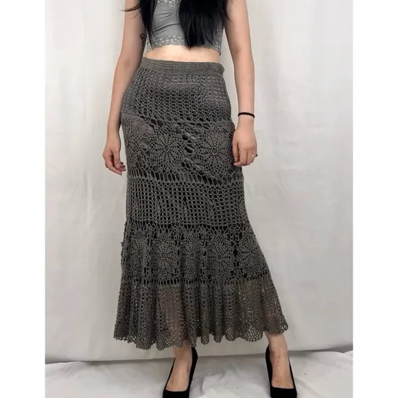 Boston Proper Grey Crochet Bohemian Maxi Skirt