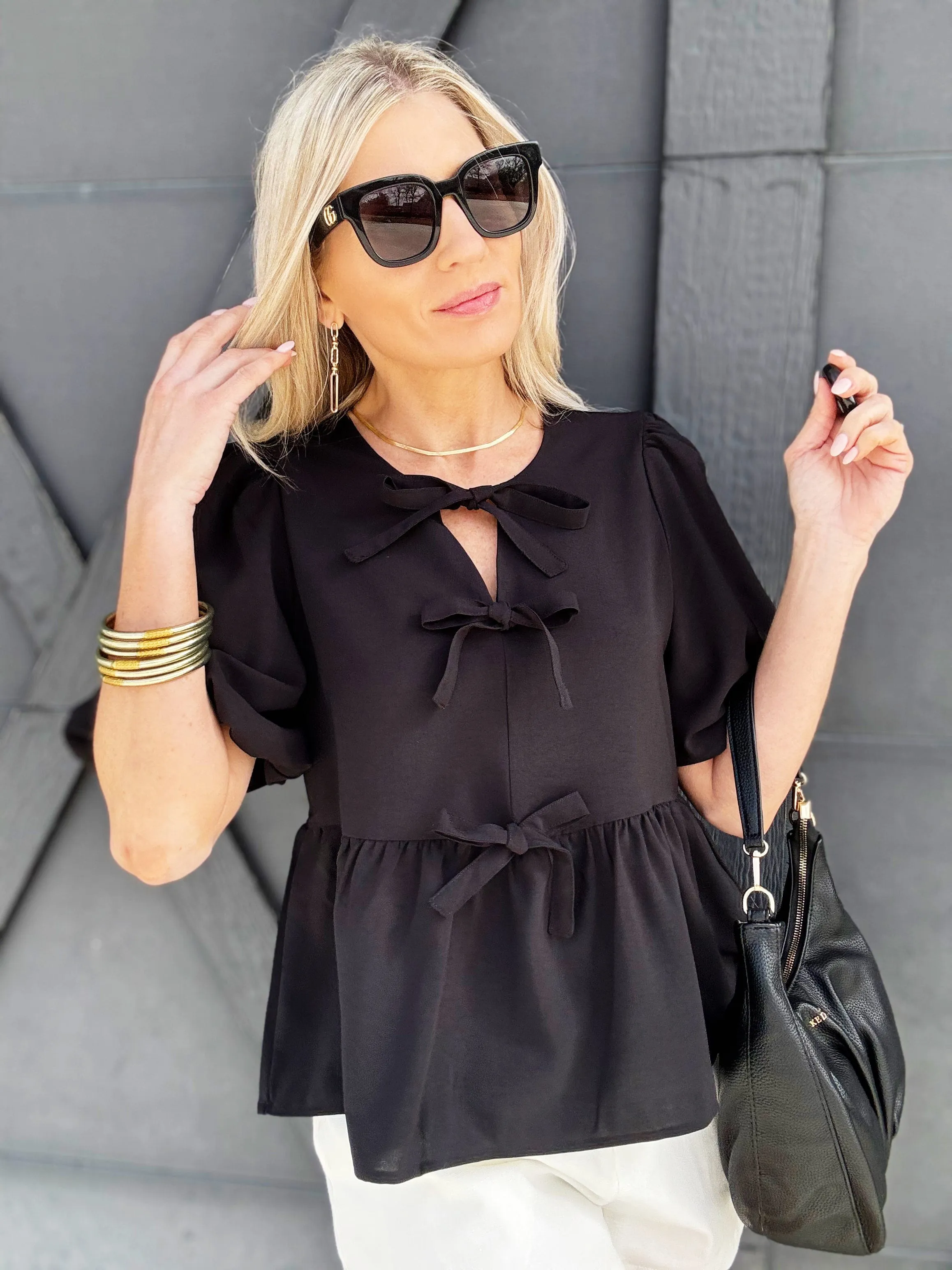 Bowknot Peplum Blouse In Black