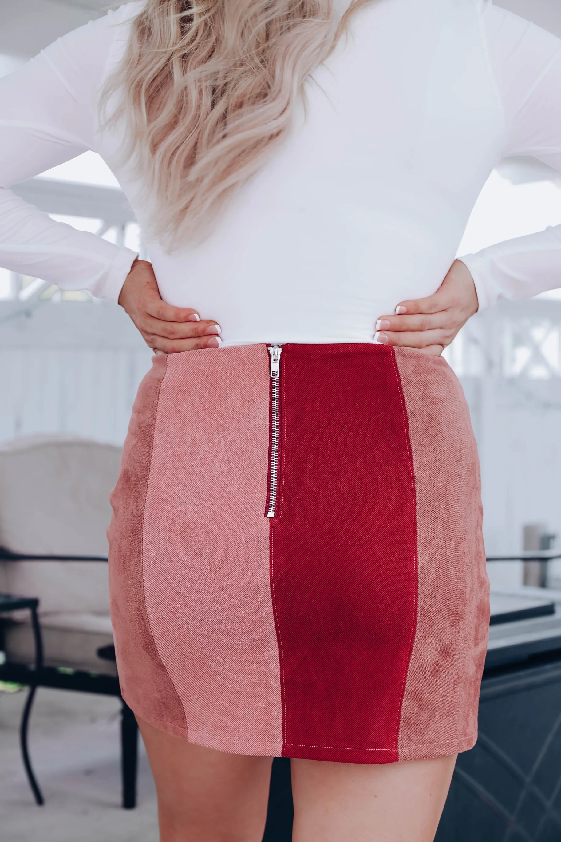 Brandy Color Block Faux Suede Skirt - Pink/Multi