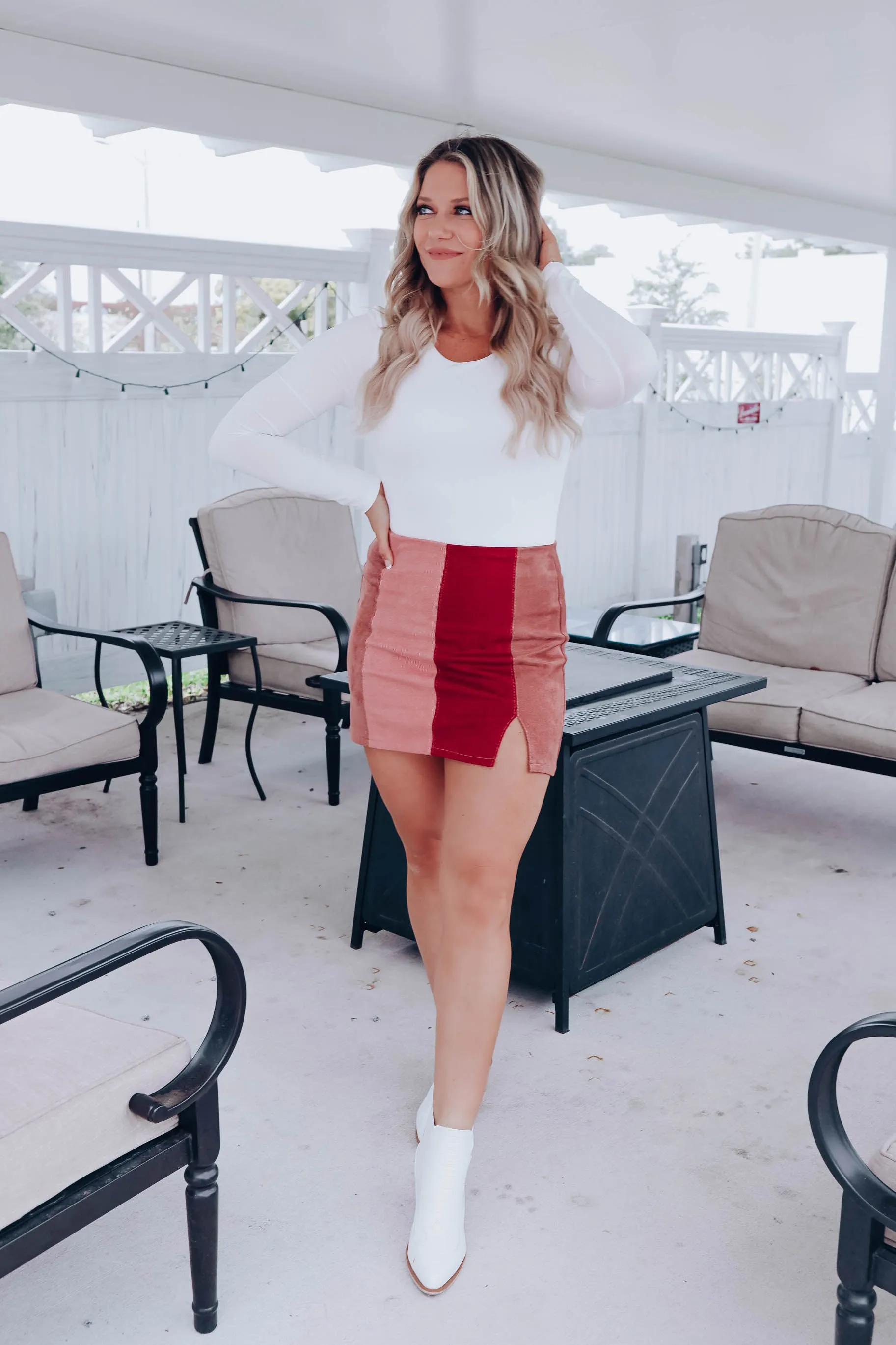 Brandy Color Block Faux Suede Skirt - Pink/Multi
