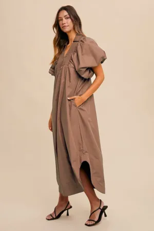 Brown Smocked Puff Sleeve Midi Dress
