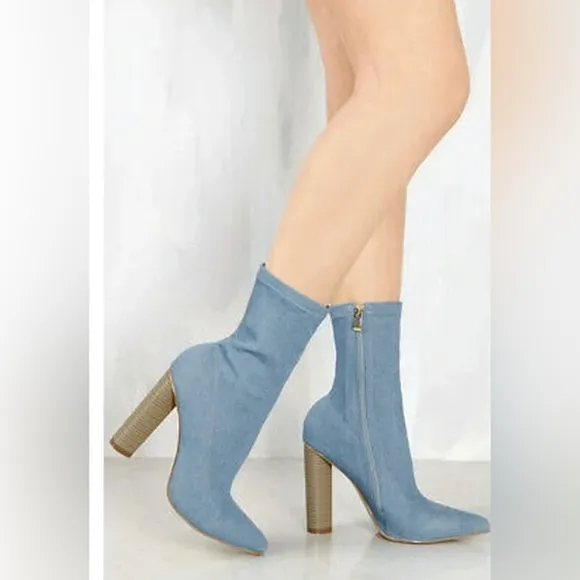 Cape Robbin Connie-5 Denim Pointy Pull On Ankle Bootie Block Heel Boot (…