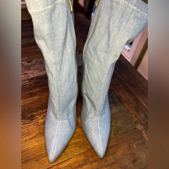 Cape Robbin Connie-5 Denim Pointy Pull On Ankle Bootie Block Heel Boot (…