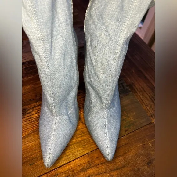 Cape Robbin Connie-5 Denim Pointy Pull On Ankle Bootie Block Heel Boot (…