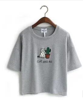 'CAT AND ME' Embroidery T-Shirt (4 Colors)