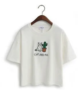 'CAT AND ME' Embroidery T-Shirt (4 Colors)