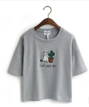 'CAT AND ME' Embroidery T-Shirt (4 Colors)