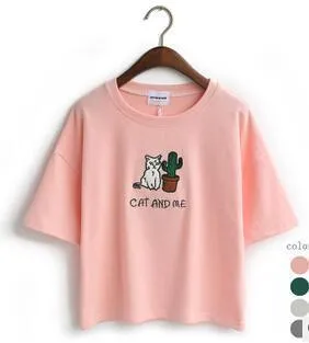 'CAT AND ME' Embroidery T-Shirt (4 Colors)