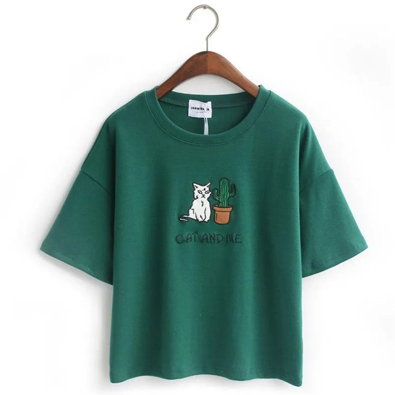 'CAT AND ME' Embroidery T-Shirt (4 Colors)