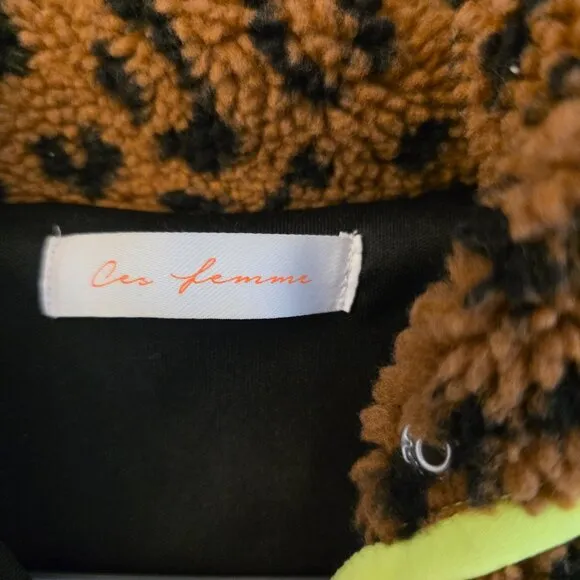 Ces Femme Women's Sherpa Jacket Animal Print Brown Black Cropped Large